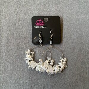 Paparazzi White Pearl & Clear Crystal Cluster Hoop Earrings